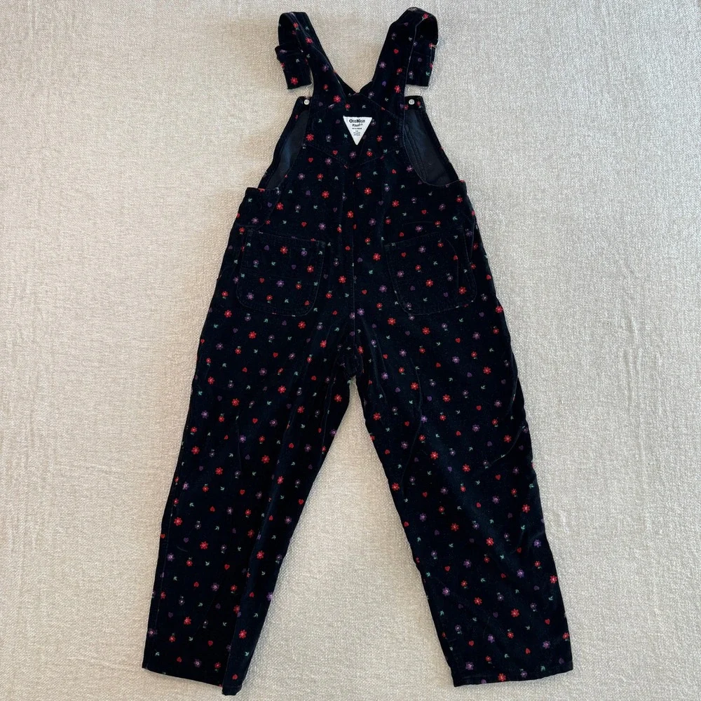 OshKosh Bgosh Black Corduroy Floral Heart Overalls Girls 6X Vestbak 90s EUC